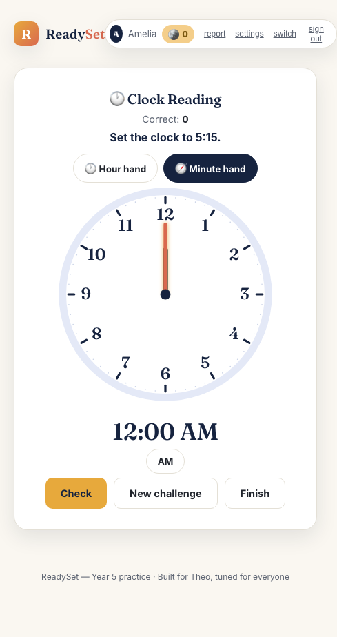 The Clock Reading learning game, dragging the clock hands to set a target time