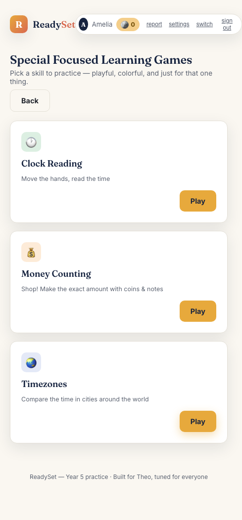 The Premium Special Focused Learning Games hub, unlocked with Clock Reading, Money Counting, and Timezones